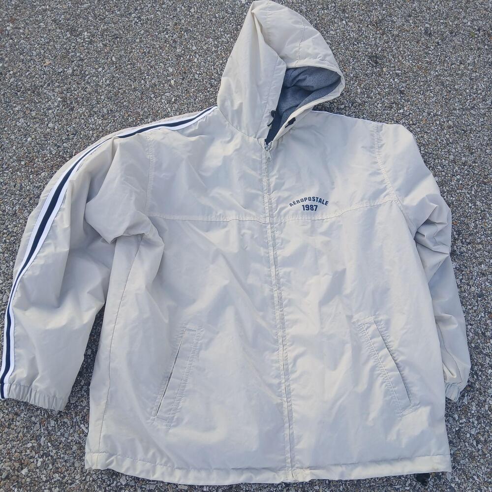 VTG Aeropostale Jacket Mens Large Beige Hooded Full Zip Lined Striped 1987 Logo